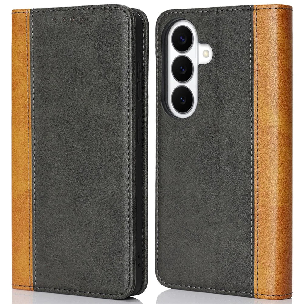 For Samsung Galaxy S26 Case Calf Texture 3 Card Slots Color Splicing Leather Phone Cover - Black+Yellow - 1
