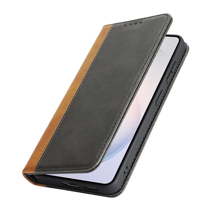 For Samsung Galaxy S26 Case Calf Texture 3 Card Slots Color Splicing Leather Phone Cover - Black+Yellow - 6