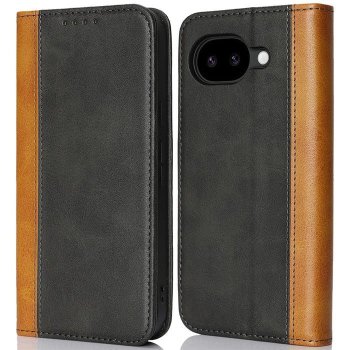 For Google Pixel 10a Case Calf Texture 3 Card Slots Color Splicing Leather Phone Cover - Black+Yellow - 1