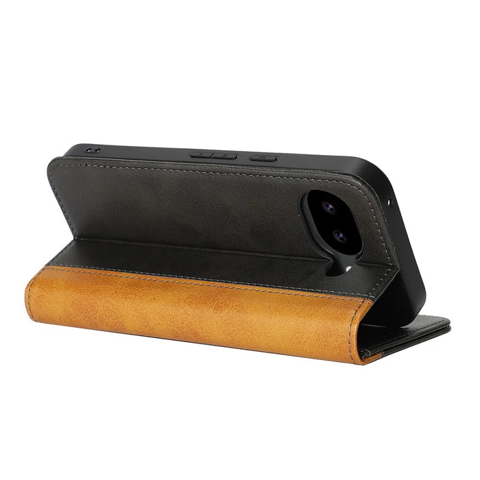 For Google Pixel 10a Case Calf Texture 3 Card Slots Color Splicing Leather Phone Cover - Black+Yellow - 3