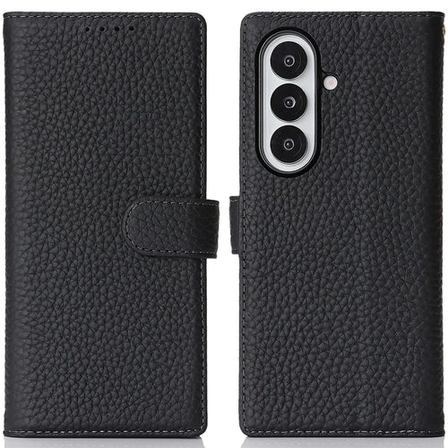 For Samsung Galaxy Z Fold7 5G Stand Case Litchi Texture Genuine Cow Leather Wallet Phone Cover RFID Blocking - Black - 1
