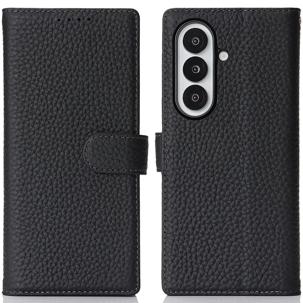 For Samsung Galaxy Z Fold7 5G Stand Case Litchi Texture Genuine Cow Leather Wallet Phone Cover RFID Blocking - Black - 1