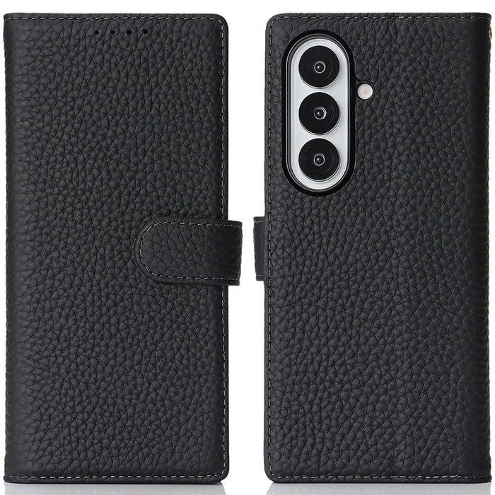 For Samsung Galaxy Z Fold7 5G Stand Case Litchi Texture Genuine Cow Leather Wallet Phone Cover RFID Blocking - Black - 1