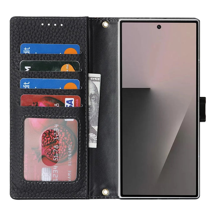 For Samsung Galaxy Z Fold7 5G Stand Case Litchi Texture Genuine Cow Leather Wallet Phone Cover RFID Blocking - Black - 2