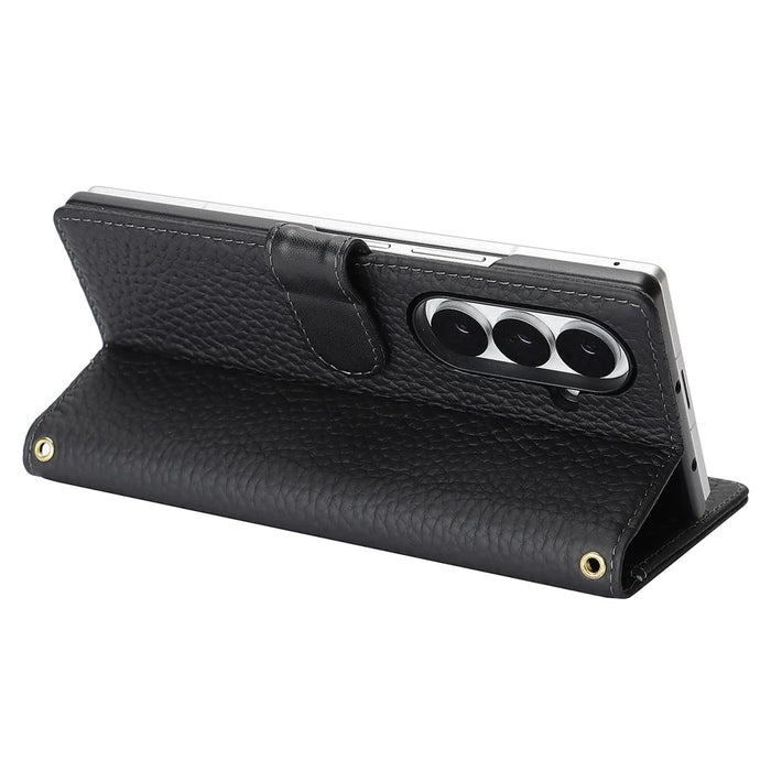 For Samsung Galaxy Z Fold7 5G Stand Case Litchi Texture Genuine Cow Leather Wallet Phone Cover RFID Blocking - Black - 3
