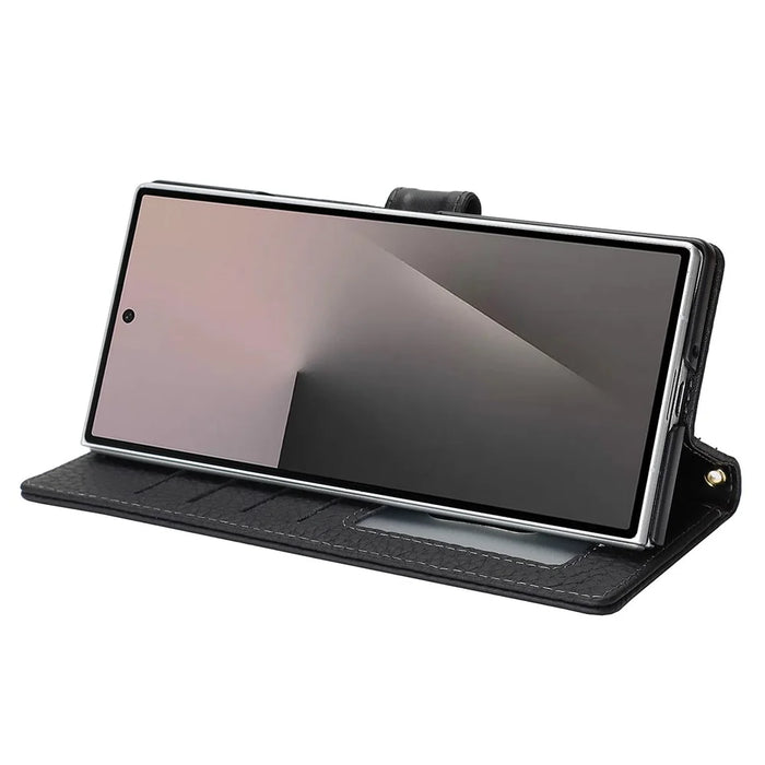 For Samsung Galaxy Z Fold7 5G Stand Case Litchi Texture Genuine Cow Leather Wallet Phone Cover RFID Blocking - Black - 4