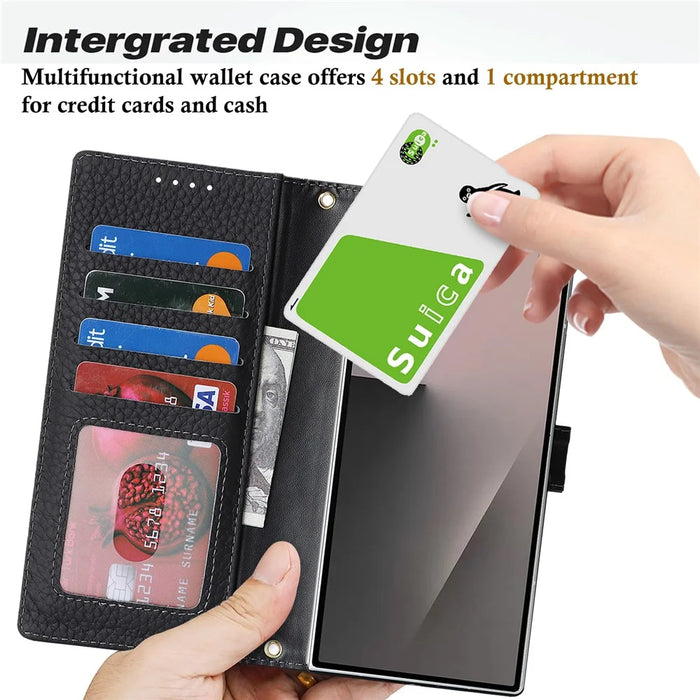 For Samsung Galaxy Z Fold7 5G Stand Case Litchi Texture Genuine Cow Leather Wallet Phone Cover RFID Blocking - Black - 7