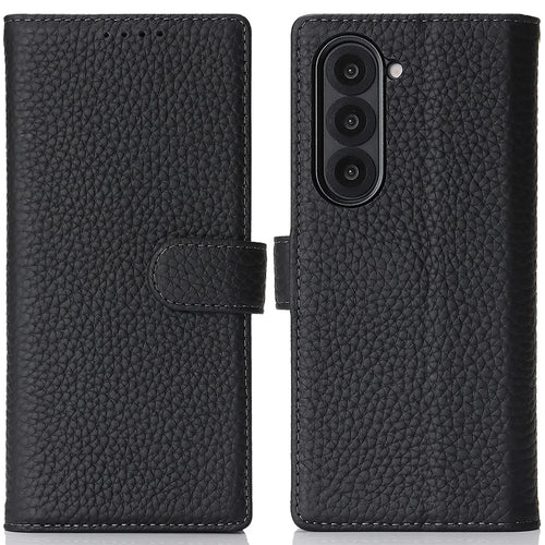 For Samsung Galaxy Z Fold6 5G Stand Case Litchi Texture Genuine Cow Leather Wallet Phone Cover RFID Blocking - Black - 1