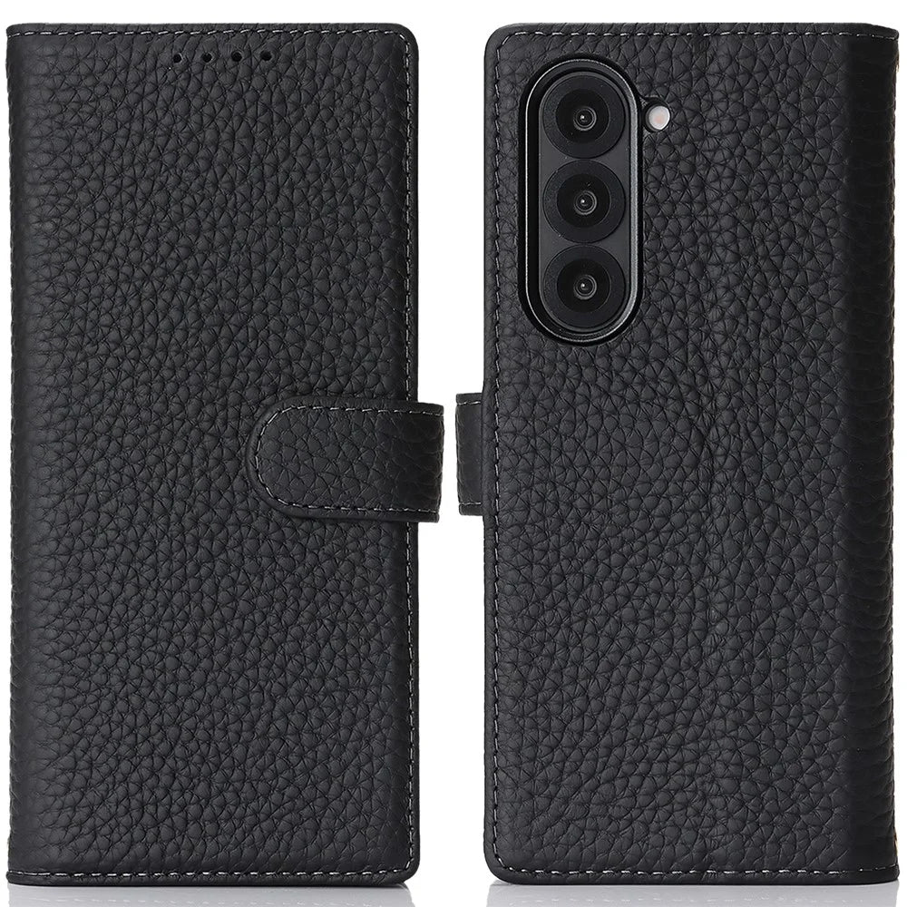 For Samsung Galaxy Z Fold6 5G Stand Case Litchi Texture Genuine Cow Leather Wallet Phone Cover RFID Blocking - Black - 1