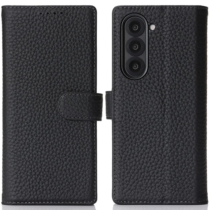 For Samsung Galaxy Z Fold6 5G Stand Case Litchi Texture Genuine Cow Leather Wallet Phone Cover RFID Blocking - Black - 1