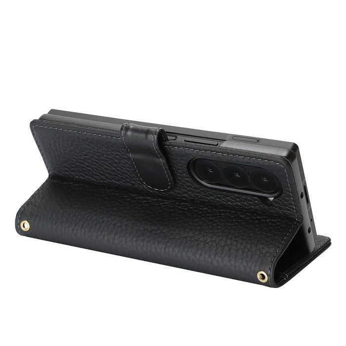 For Samsung Galaxy Z Fold6 5G Stand Case Litchi Texture Genuine Cow Leather Wallet Phone Cover RFID Blocking - Black - 4