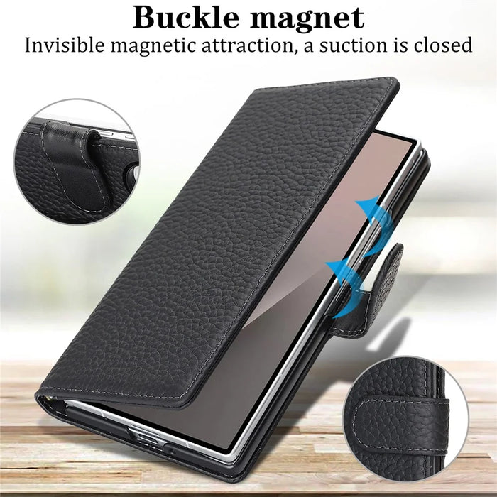 For Samsung Galaxy Z Fold6 5G Stand Case Litchi Texture Genuine Cow Leather Wallet Phone Cover RFID Blocking - Black - 5