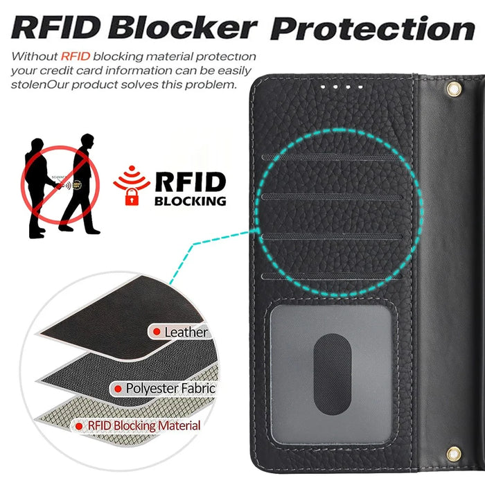 For Samsung Galaxy Z Fold6 5G Stand Case Litchi Texture Genuine Cow Leather Wallet Phone Cover RFID Blocking - Black - 6