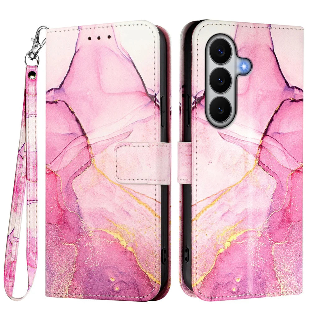 For Samsung Galaxy A27 5G Case with Strap Marble Pattern Leather Phone Cover Card Holder - Pink / Purple / Gold LS001 - 1
