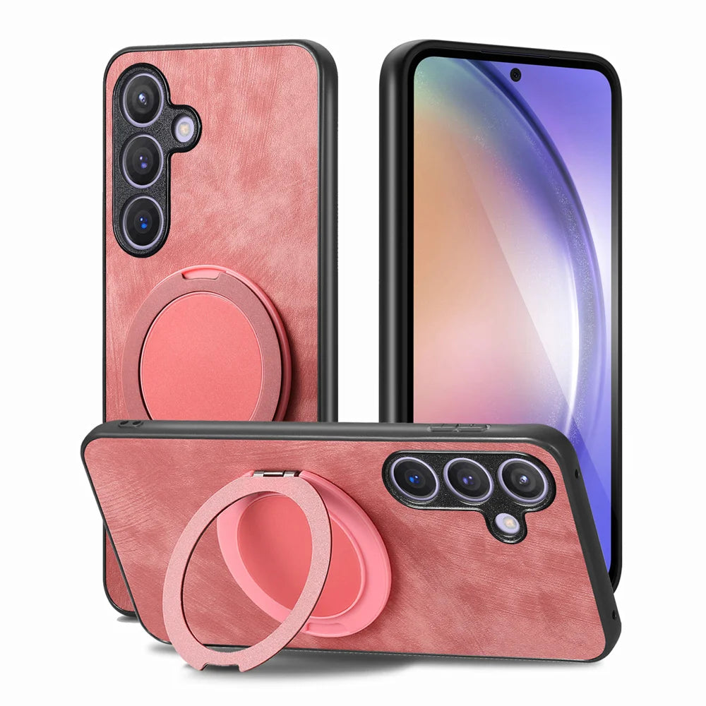 For Samsung Galaxy A27 5G Phone Case with Rotating Kickstand Stress Relief Retro Leather Back Cover - Pink - 2