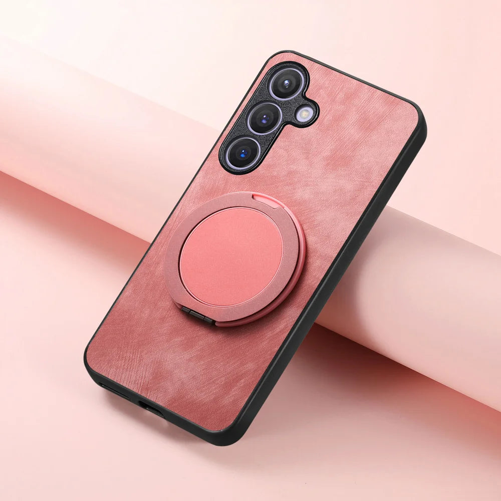 For Samsung Galaxy A27 5G Phone Case with Rotating Kickstand Stress Relief Retro Leather Back Cover - Pink - 6