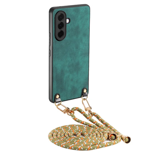 For Samsung Galaxy A27 5G Retro Leather Phone Back Cover with Adjustable Strap - Green - 1