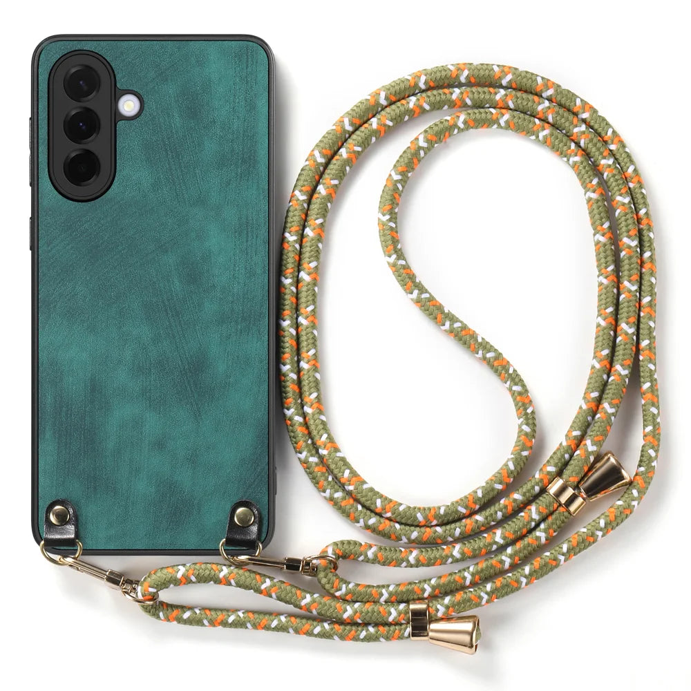 For Samsung Galaxy A27 5G Retro Leather Phone Back Cover with Adjustable Strap - Green - 2