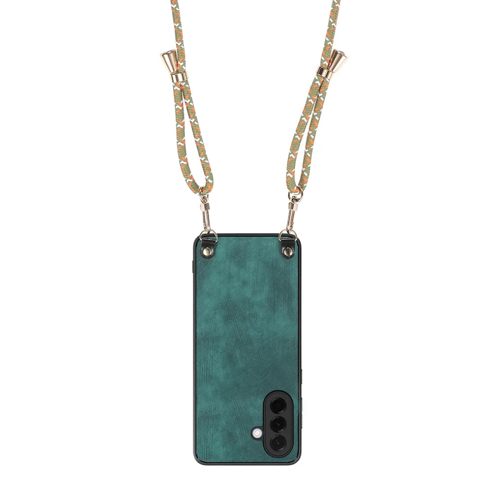 For Samsung Galaxy A27 5G Retro Leather Phone Back Cover with Adjustable Strap - Green - 3