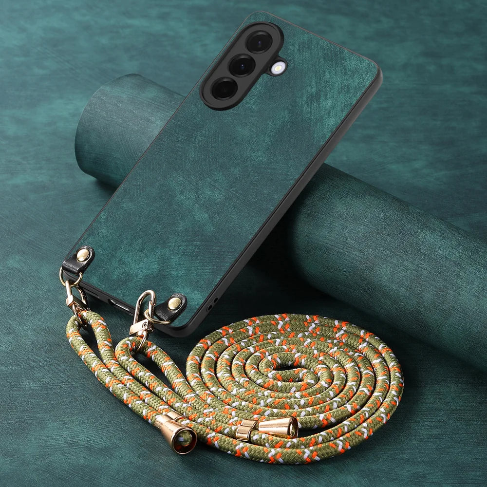 For Samsung Galaxy A27 5G Retro Leather Phone Back Cover with Adjustable Strap - Green - 4