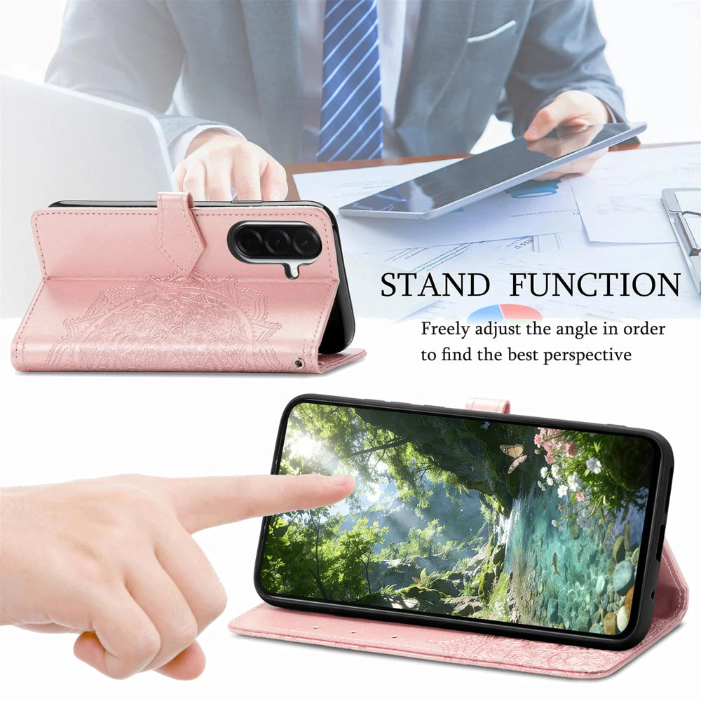 For Samsung Galaxy A27 5G Wallet Case Mandala Flower Leather Phone Cover Stand - Rose Gold - 6
