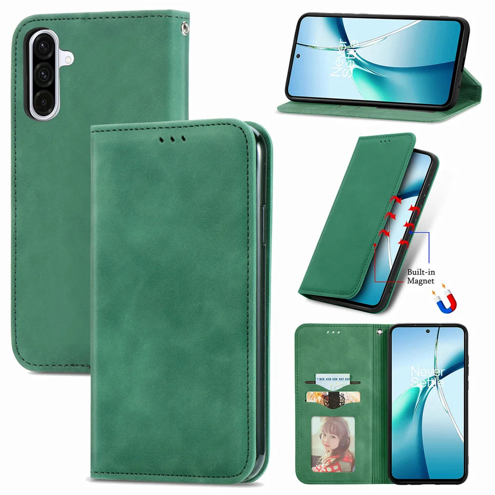 For Samsung Galaxy A27 5G Leather Case with Card Holder Magnetic Absorption Phone Cover - Green - 1