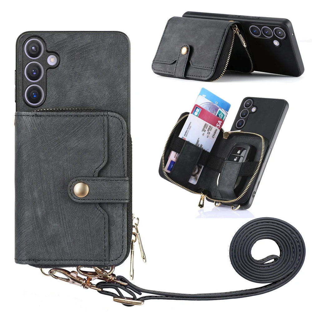 For Samsung Galaxy A27 5G PU Leather Phone Back Cover with Zipper Card Holder and Long Strap - Black - 1