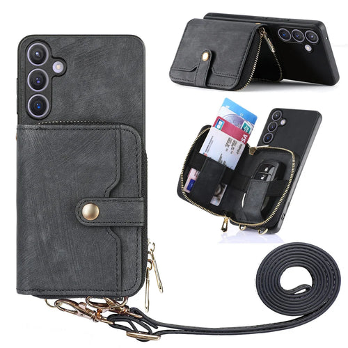 For Samsung Galaxy A27 5G PU Leather Phone Back Cover with Zipper Card Holder and Long Strap - Black - 1