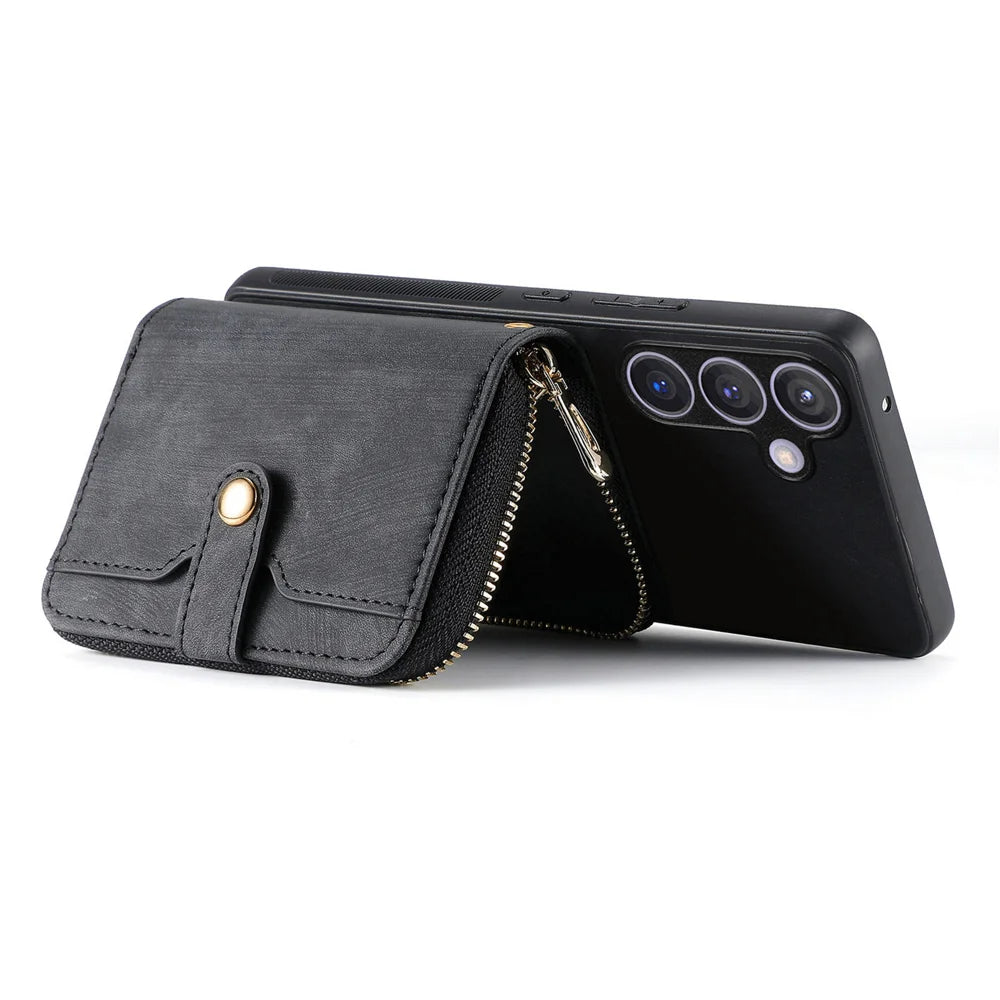 For Samsung Galaxy A27 5G PU Leather Phone Back Cover with Zipper Card Holder and Long Strap - Black - 2