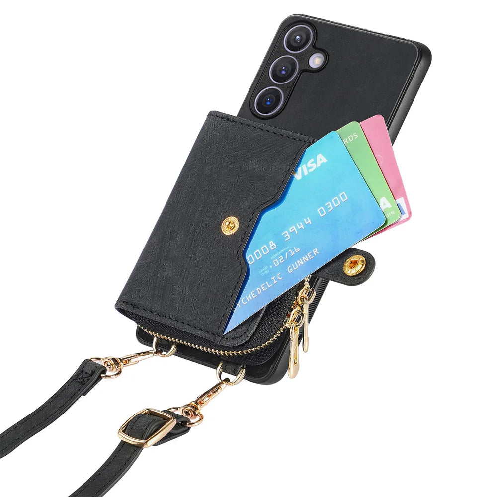 For Samsung Galaxy A27 5G PU Leather Phone Back Cover with Zipper Card Holder and Long Strap - Black - 3