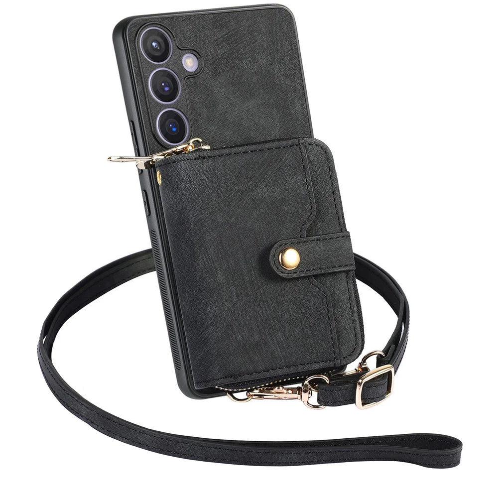 For Samsung Galaxy A27 5G PU Leather Phone Back Cover with Zipper Card Holder and Long Strap - Black - 4