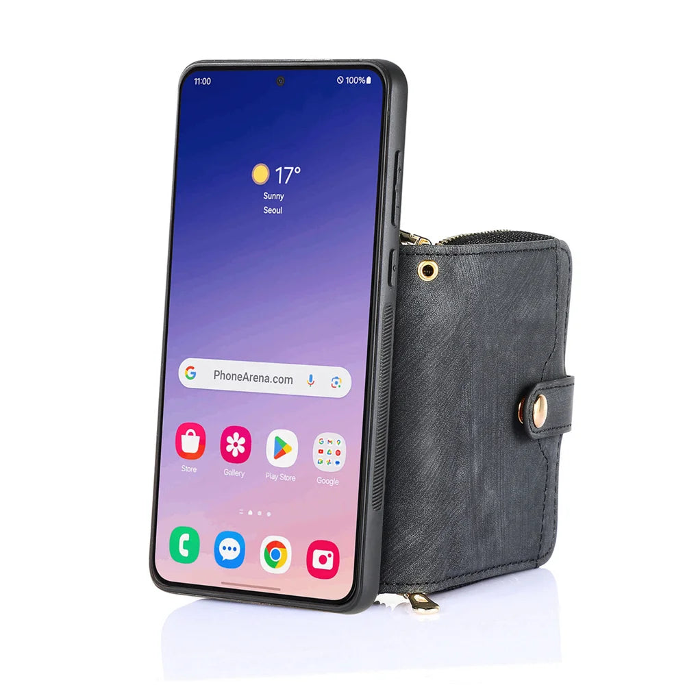 For Samsung Galaxy A27 5G PU Leather Phone Back Cover with Zipper Card Holder and Long Strap - Black - 5