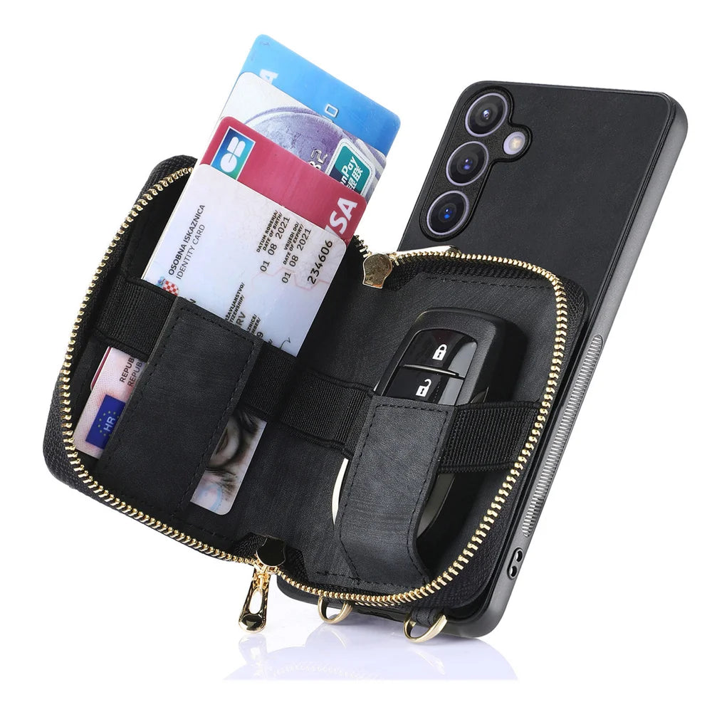 For Samsung Galaxy A27 5G PU Leather Phone Back Cover with Zipper Card Holder and Long Strap - Black - 6