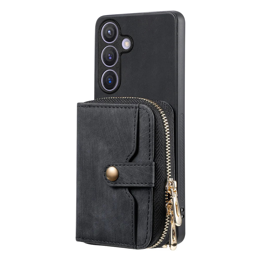 For Samsung Galaxy A27 5G PU Leather Phone Back Cover with Zipper Card Holder and Long Strap - Black - 7
