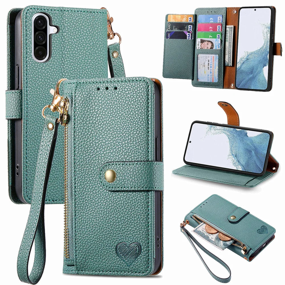 For Samsung Galaxy A27 5G Case RFID Blocking Zipper Pocket Leather Wallet Phone Cover with Strap - Green - 1