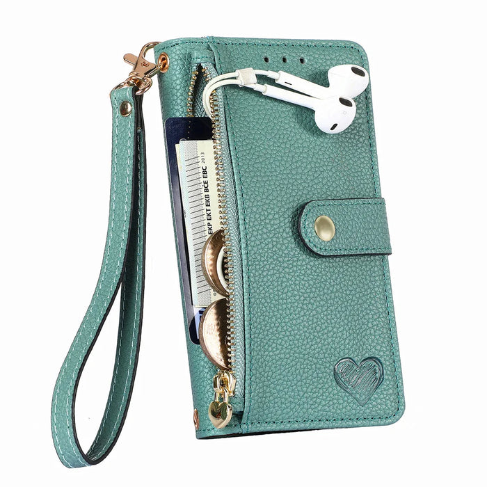 For Samsung Galaxy A27 5G Case RFID Blocking Zipper Pocket Leather Wallet Phone Cover with Strap - Green - 3