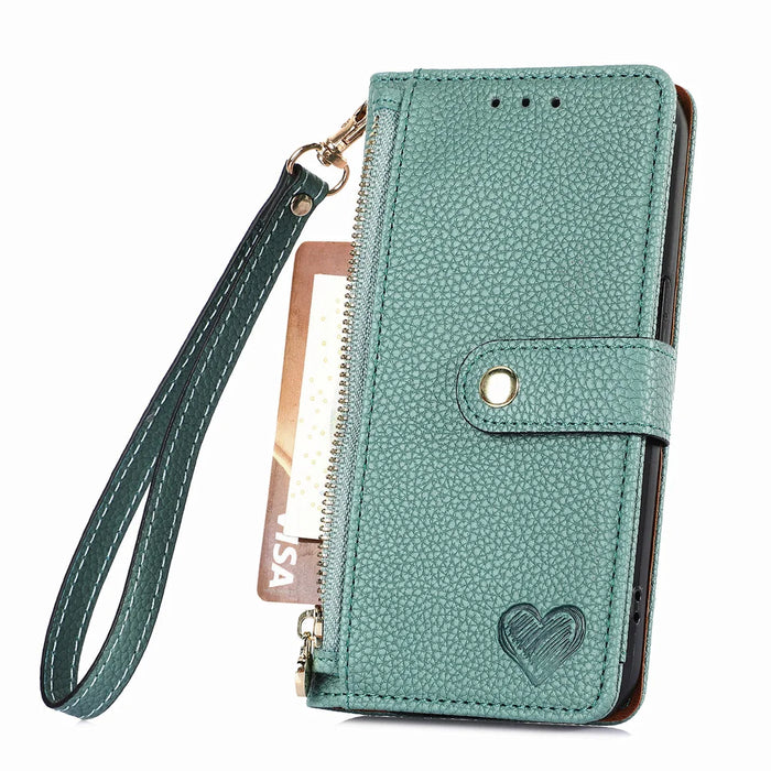 For Samsung Galaxy A27 5G Case RFID Blocking Zipper Pocket Leather Wallet Phone Cover with Strap - Green - 4