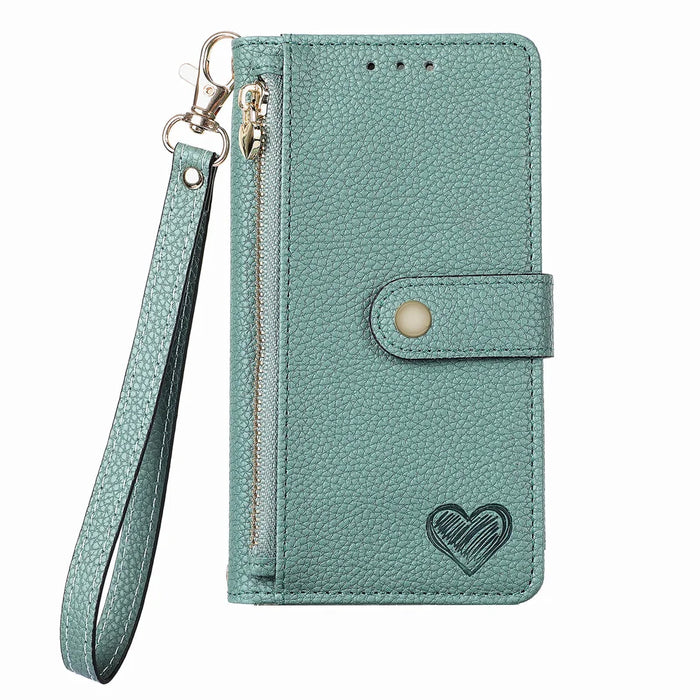 For Samsung Galaxy A27 5G Case RFID Blocking Zipper Pocket Leather Wallet Phone Cover with Strap - Green - 5