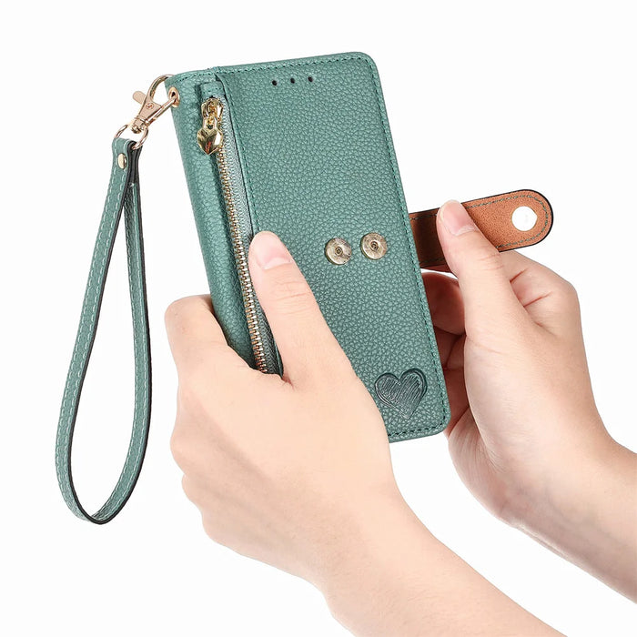 For Samsung Galaxy A27 5G Case RFID Blocking Zipper Pocket Leather Wallet Phone Cover with Strap - Green - 6