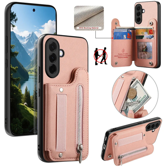 For Samsung Galaxy A27 5G Case RFID Blocking Card Holder Jeans Cloth Texture Leather Back Cover with Elastic Wristband - Pink - 1
