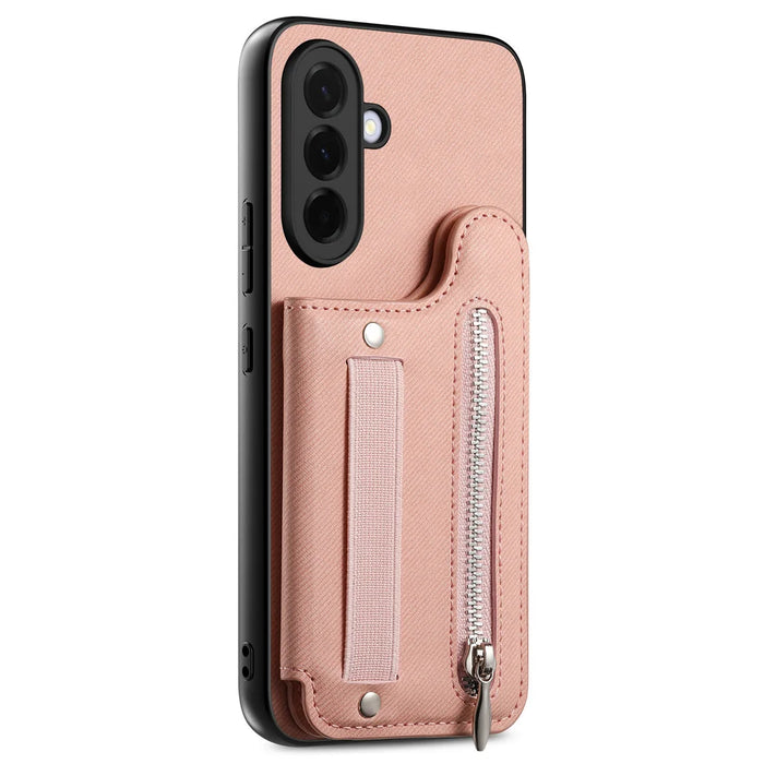 For Samsung Galaxy A27 5G Case RFID Blocking Card Holder Jeans Cloth Texture Leather Back Cover with Elastic Wristband - Pink - 2