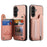 For Samsung Galaxy A27 5G Case RFID Blocking Card Holder Jeans Cloth Texture Leather Back Cover with Elastic Wristband - Pink - 3