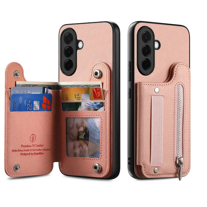 For Samsung Galaxy A27 5G Case RFID Blocking Card Holder Jeans Cloth Texture Leather Back Cover with Elastic Wristband - Pink - 3