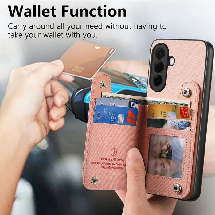 For Samsung Galaxy A27 5G Case RFID Blocking Card Holder Jeans Cloth Texture Leather Back Cover with Elastic Wristband - Pink - 4