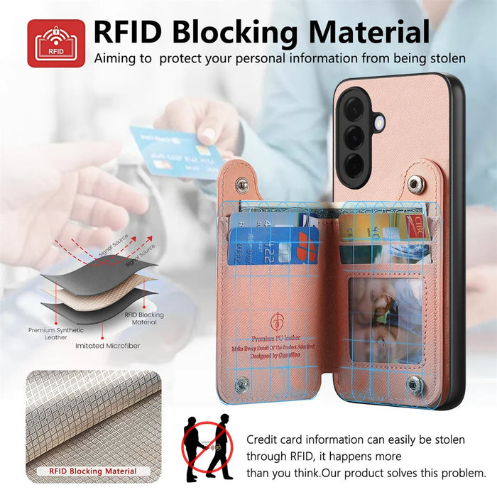 For Samsung Galaxy A27 5G Case RFID Blocking Card Holder Jeans Cloth Texture Leather Back Cover with Elastic Wristband - Pink - 7