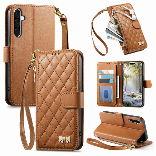 For Samsung Galaxy A27 5G Stand Case Imprint TPU PU Leather Zipper Pocket Wallet Phone Cover with Strap - Brown - 1
