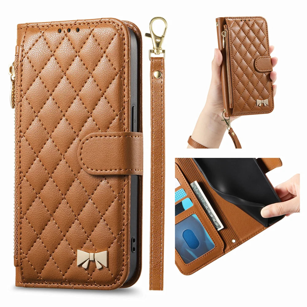 For Samsung Galaxy A27 5G Stand Case Imprint TPU PU Leather Zipper Pocket Wallet Phone Cover with Strap - Brown - 2