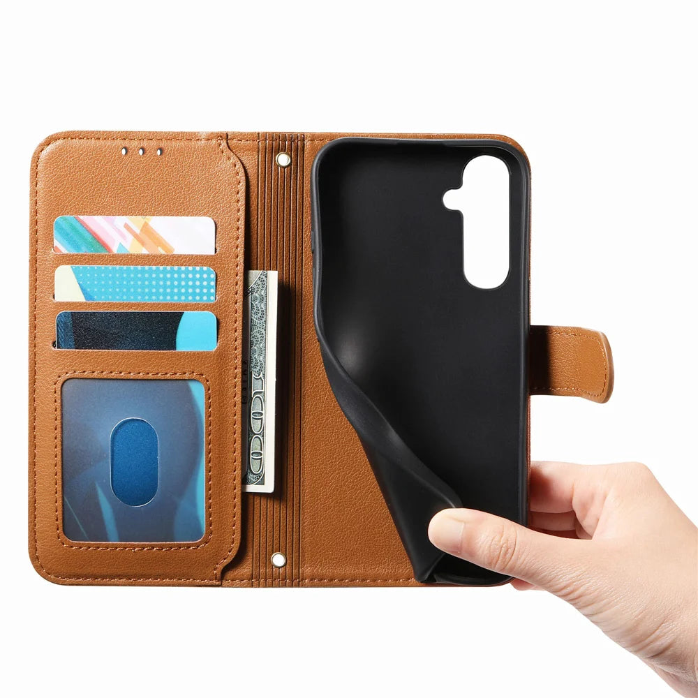 For Samsung Galaxy A27 5G Stand Case Imprint TPU PU Leather Zipper Pocket Wallet Phone Cover with Strap - Brown - 5