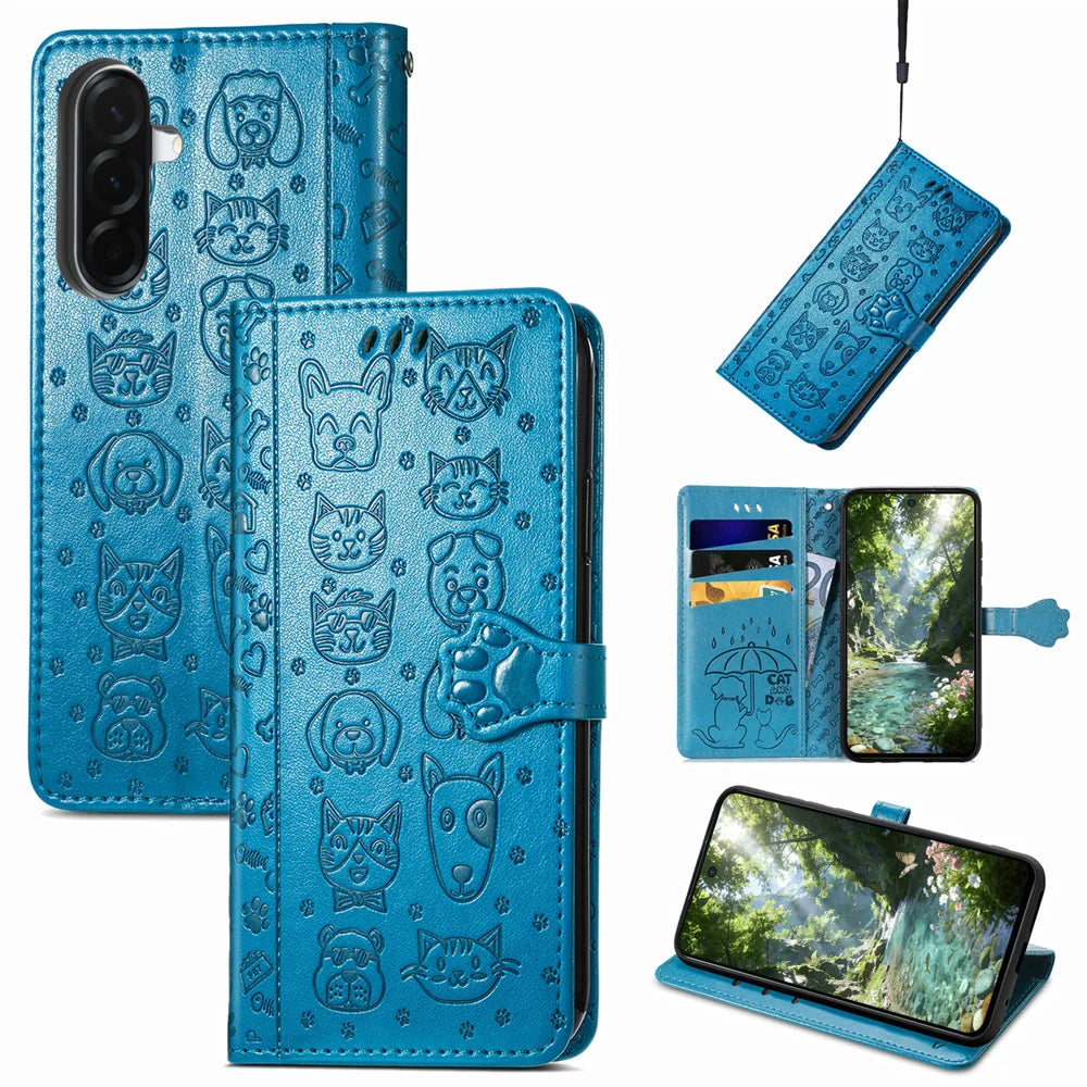 For Samsung Galaxy A27 5G Leather Wallet Case Flip Phone Cover with Cute Cat Dog Pattern - Blue - 1