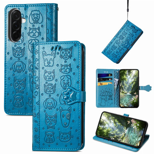 For Samsung Galaxy A27 5G Leather Wallet Case Flip Phone Cover with Cute Cat Dog Pattern - Blue - 1